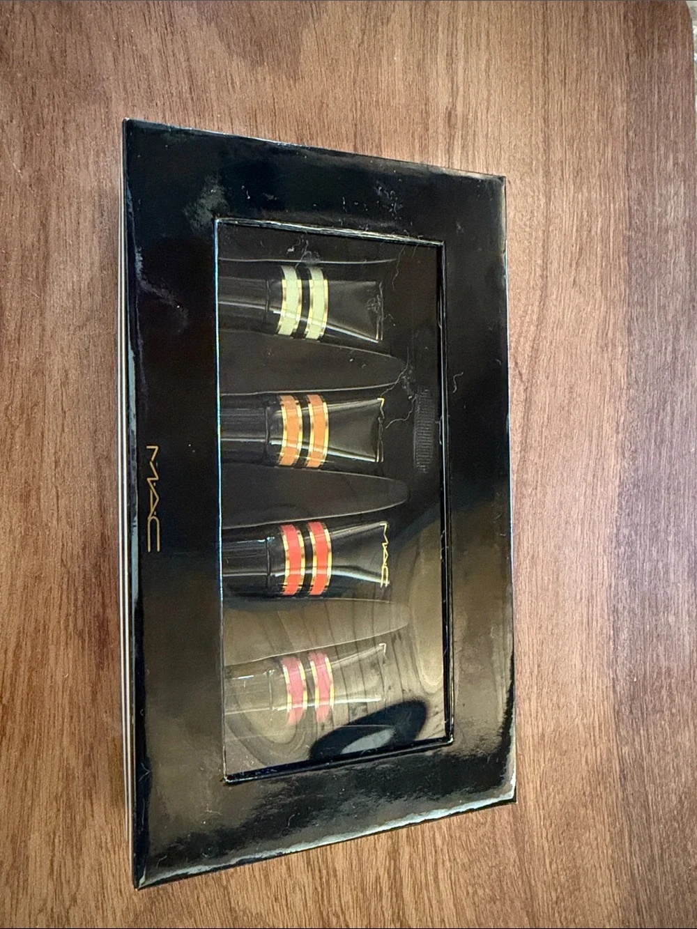 MAC Cosmetics Mini Lip Gloss Set - Black with Yellow, Orange, Red, Pink Stripes